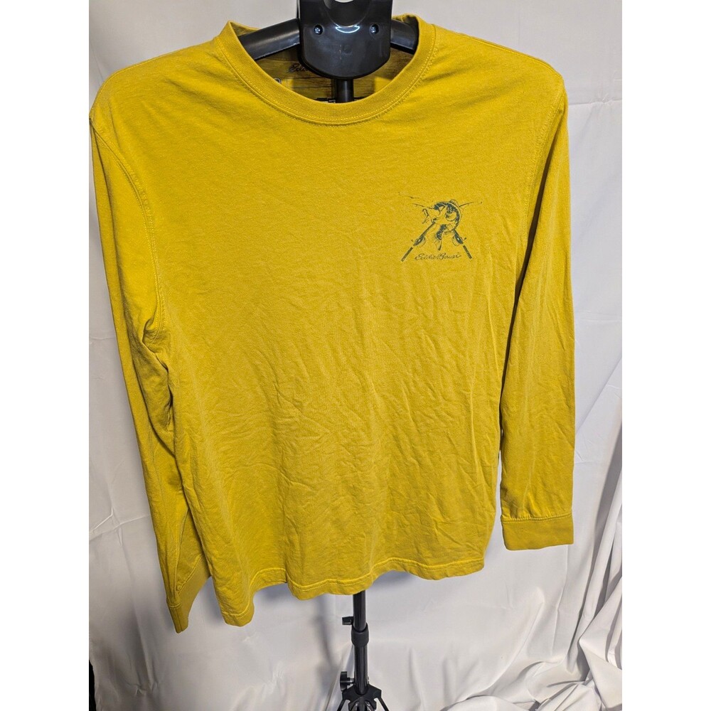 Eddie Bauer Men's Yellow Cotton Knit Fish Graphic Crew Neck Long Sleeve Tee M